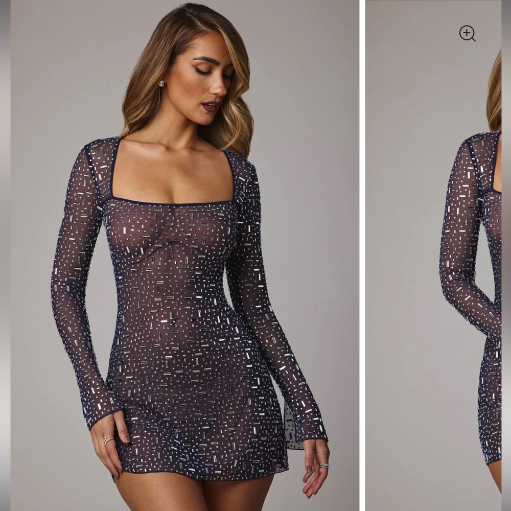 NWOT Oh Polly Sheer Embellished Dress in Navy